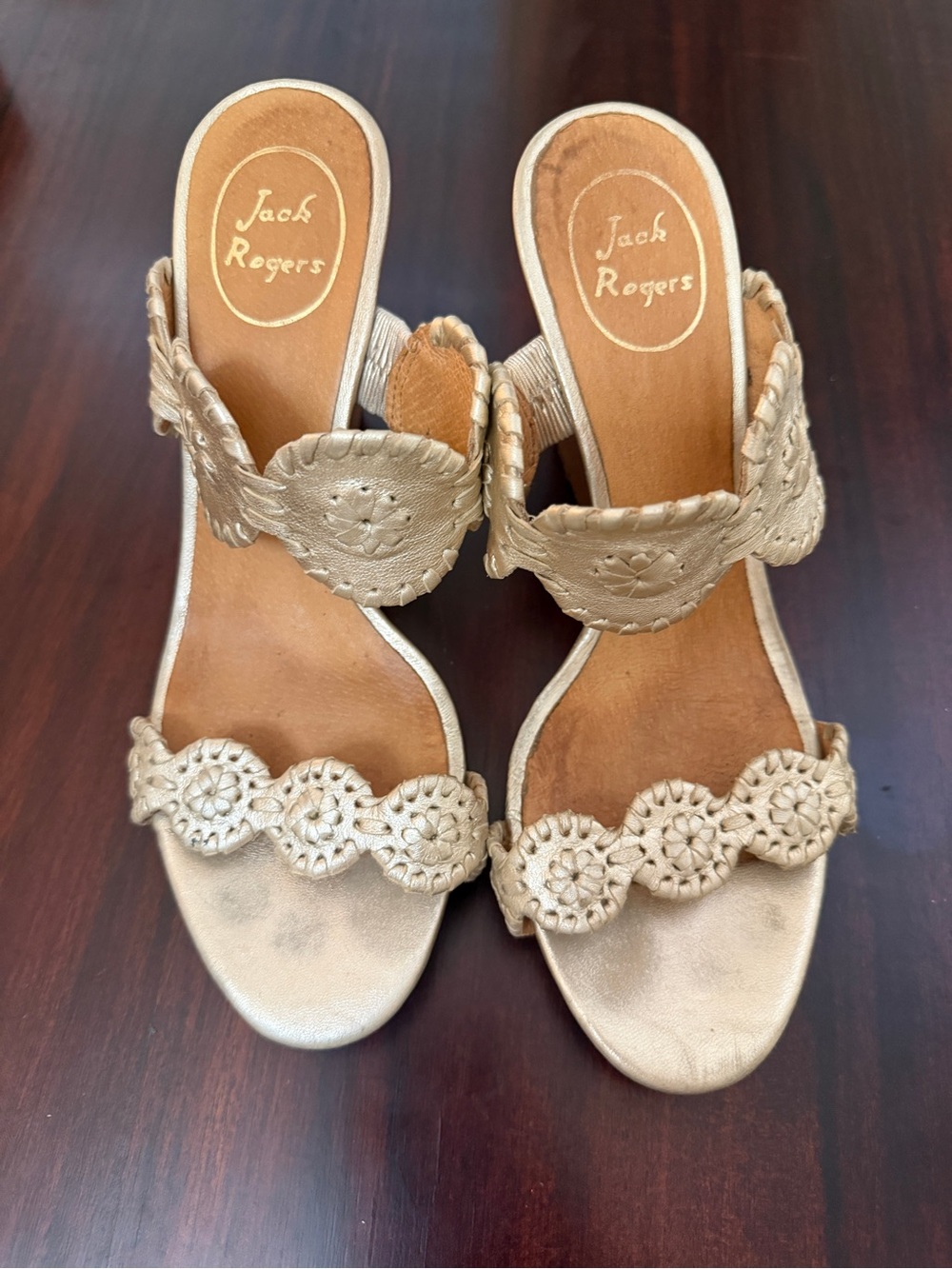 Jack Rogers Gold Leather Wedge Sandals Whipstitch Size 7.5
